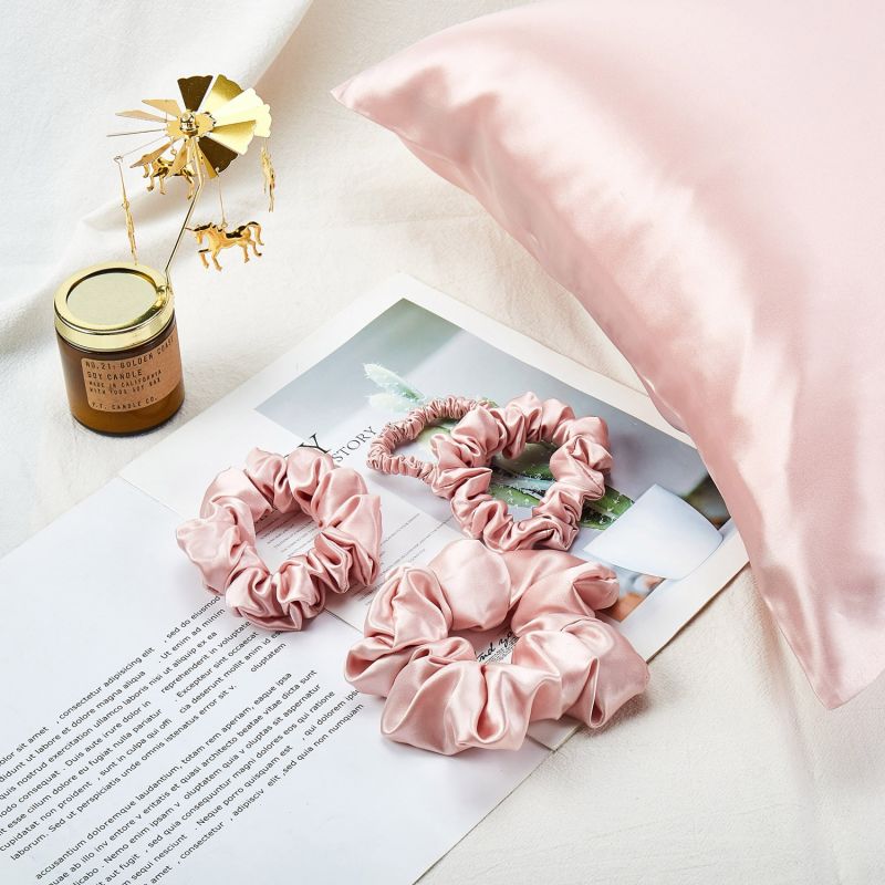 Gift Set: Baby Pink Pure Mulberry Silk Pillowcase, Eye Mask And Scrunchies | Standard Size image