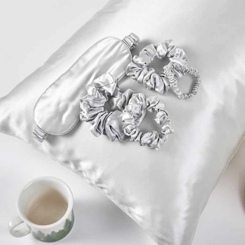 Gift Set: Silver Grey Pure Mulberry Silk Pillowcase, Eye Mask And Scrunchies | Standard Size image