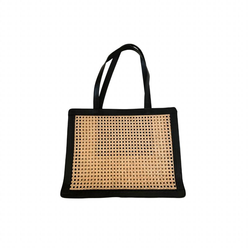 Giselle Oversized Cane And Leather Tote In Black image