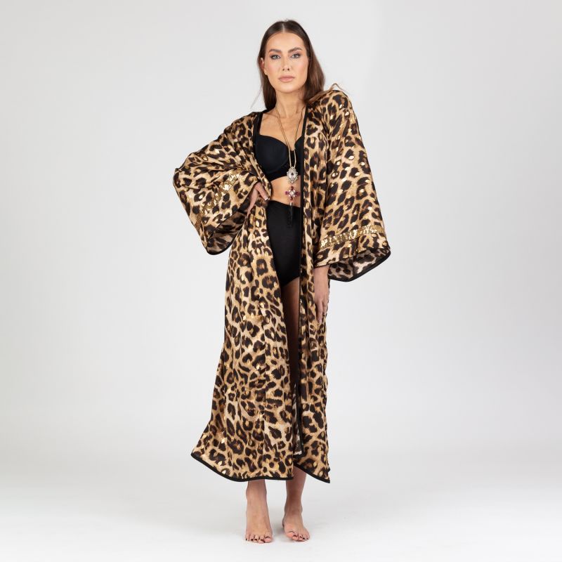 Aliyah Animal Print Kimono Robe With Golden Sequin Panel Harlow