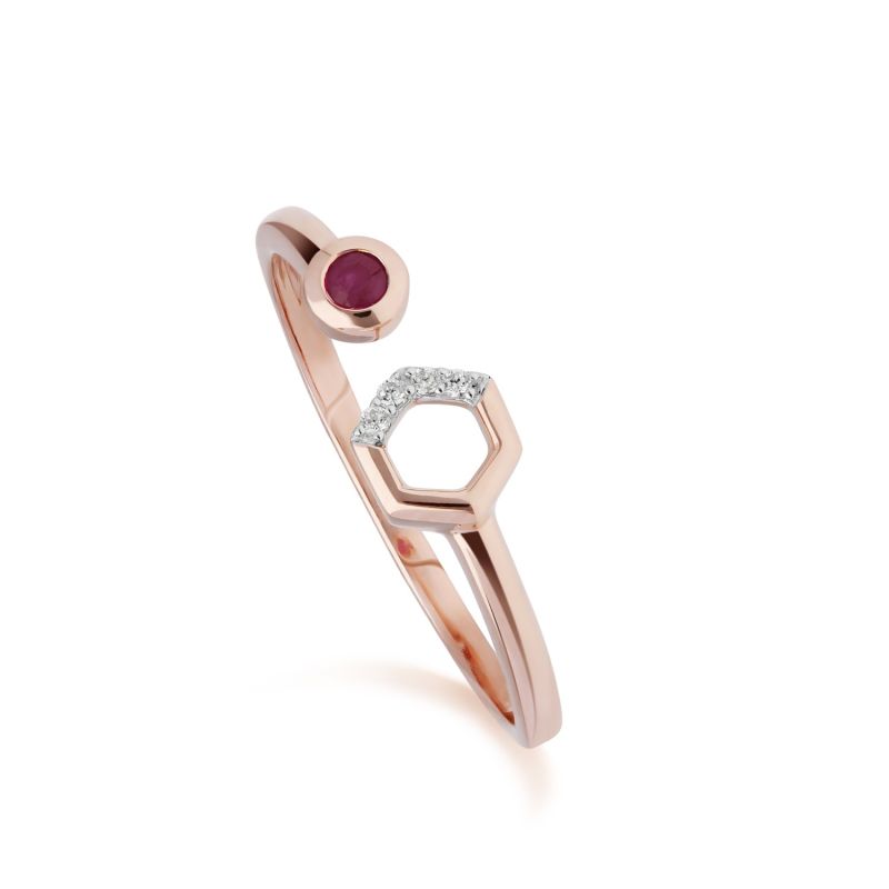 Diamond & Ruby Geometric Open Ring In Rose Gold image