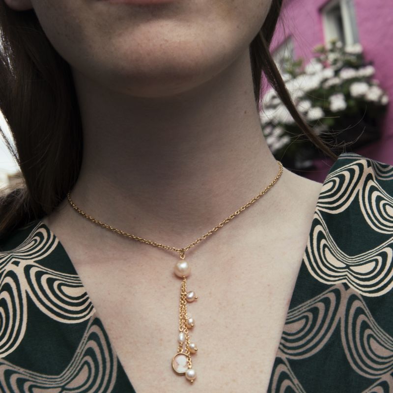 Gold Plated Mini Cameo & Pearl Necklace image