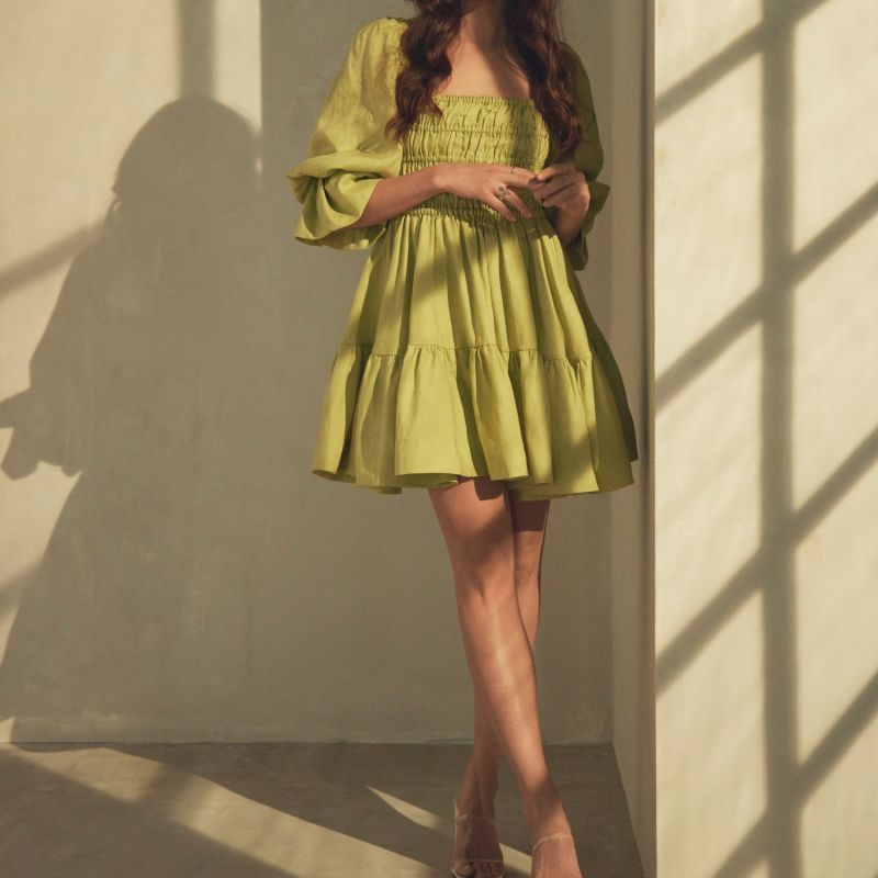 Amelia Ruched Mini Linen Dress In Lime Cream image