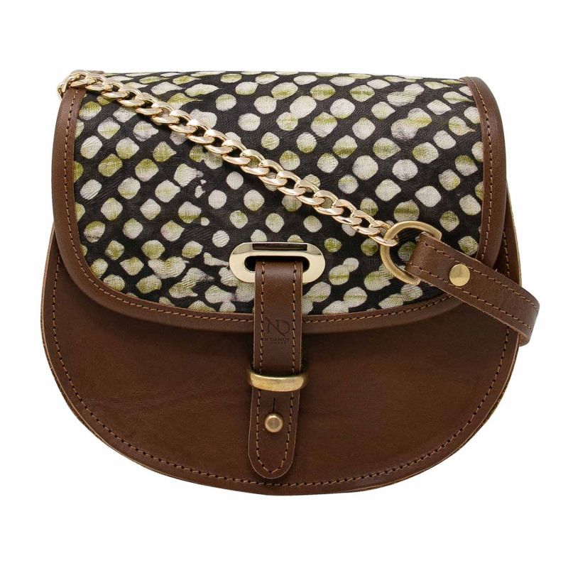 Mini Victoria Amaka Olive Green & Black Spotted African Print Full Grain Tan Leather Crossbody Saddle Bag With Gold Chain image