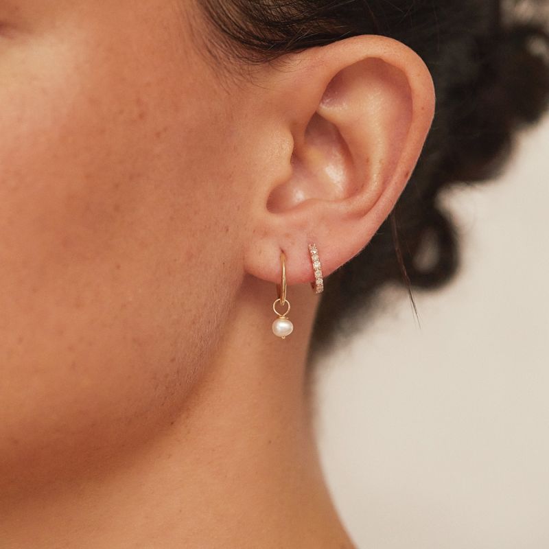 Gold Small Pearl Drop Hoop Earrings image