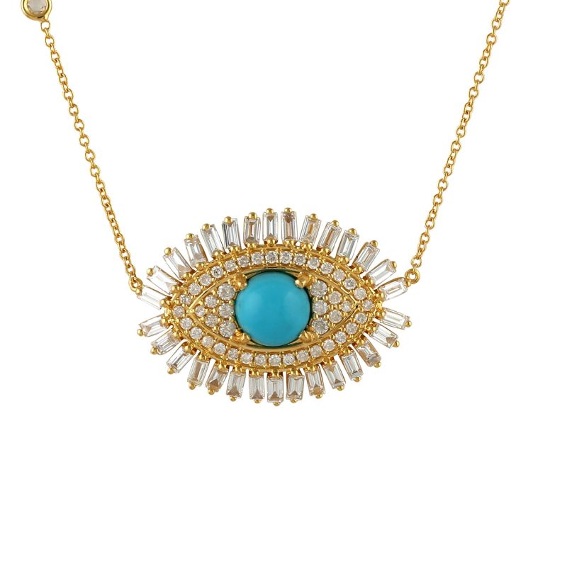 Gold  Evil Eye Necklace Baguette Diamond & Turquoise Gemstone image