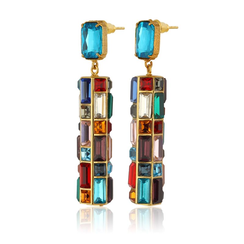 Gloria Earrings - Deep Blue Stud With Multicolor Drops image