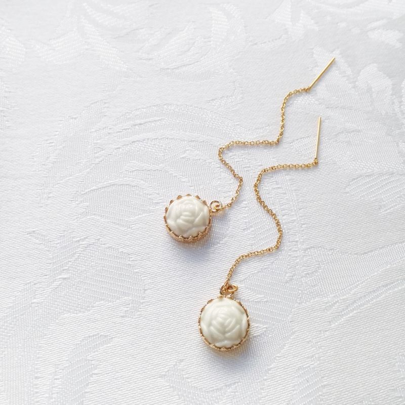 Mini Porcelain Rose With Gold Filled Chain Earrings image