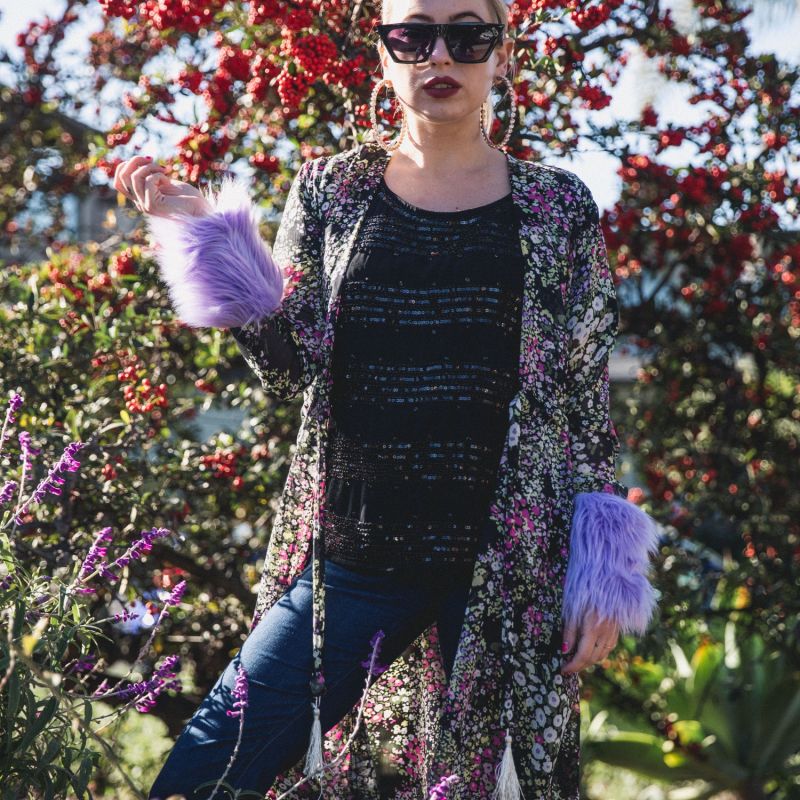 Violet Floral Faux Fur Cuff Duster With Pockets image