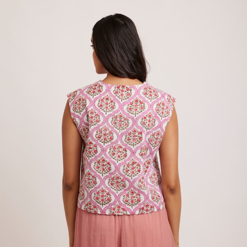 Golbahar Block Print V-Neck Top In Pink image