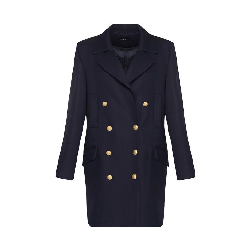 Gold Buttoned Midi Length Navy Blue Wool Coat Rue Les Createurs