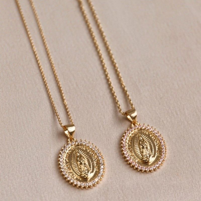 Pink Crystal Mother Mary Gold Necklace image