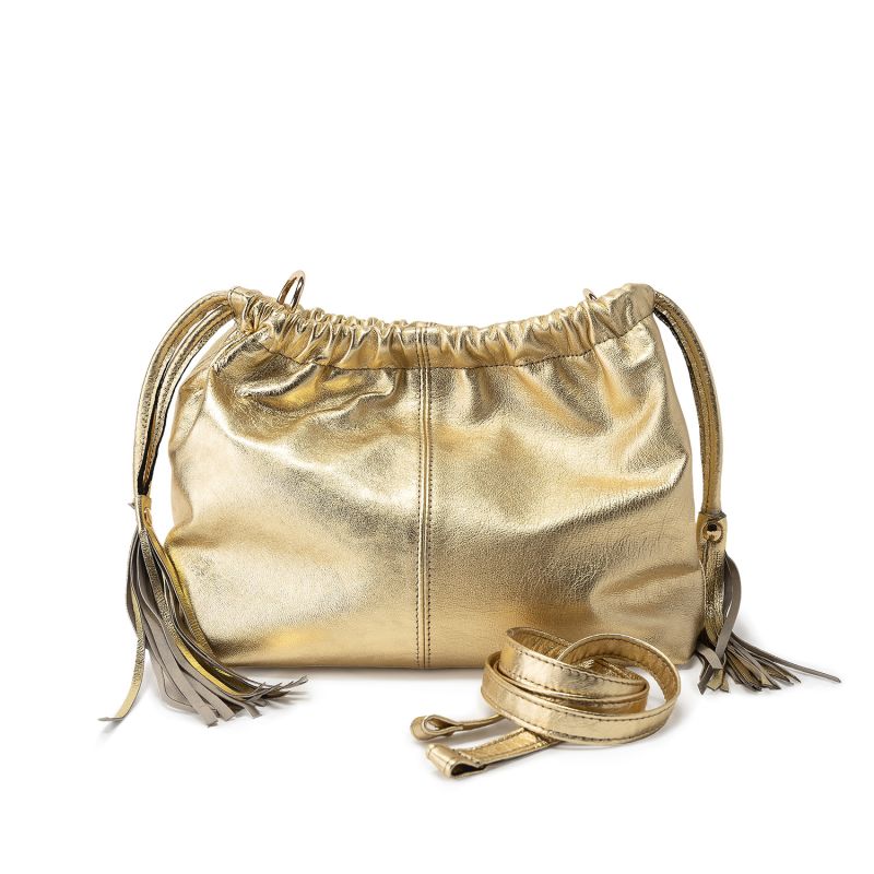 Gold Leather Clutch Bag With Tassels JUAN JO Wolf Badger