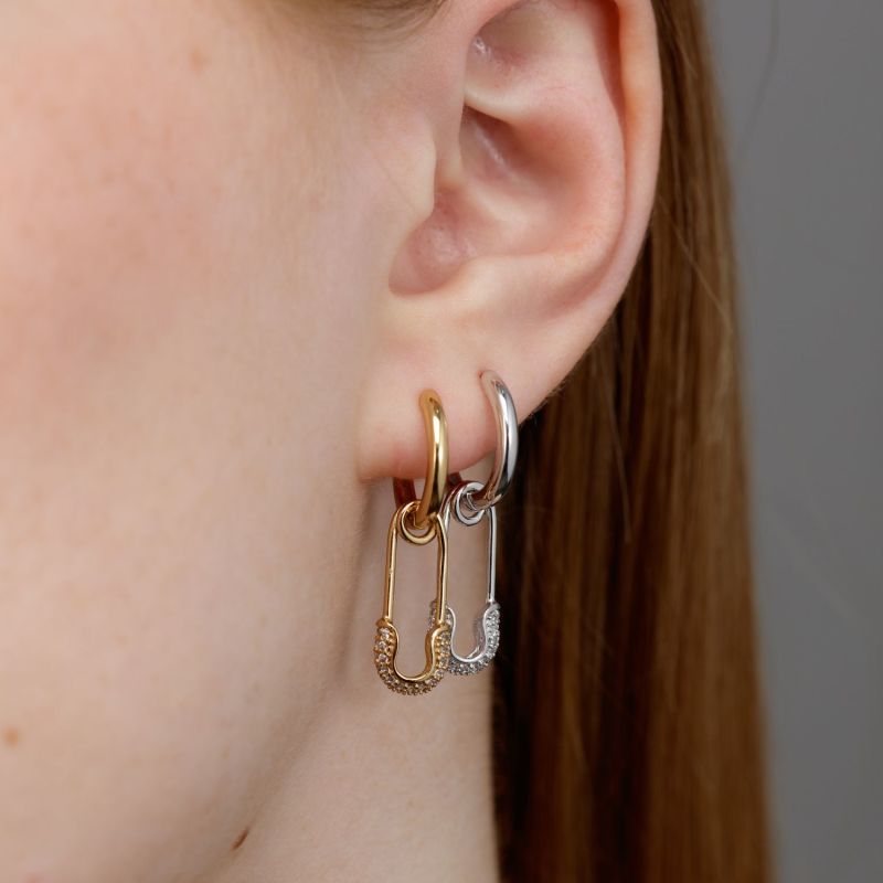 Gold Safety Pin Charm Hoop Earrings image