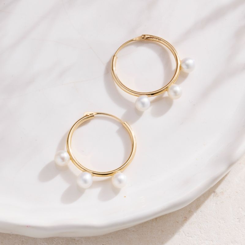 Gold Triple Pearl Hoop Earrings image