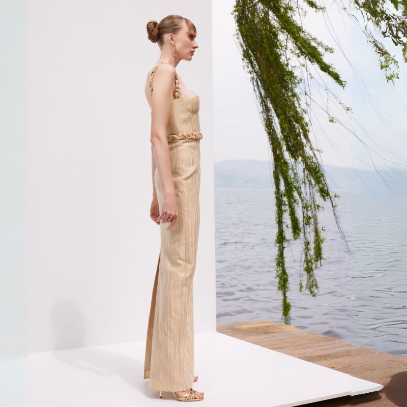 Golden Gala - Beige Maxi Dress With Gold Knit Details image