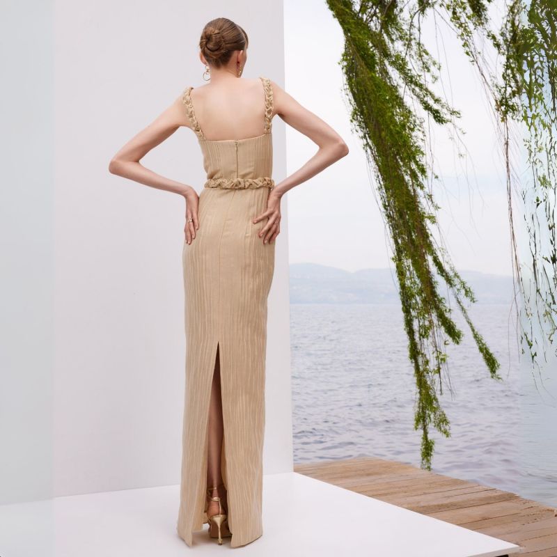 Golden Gala - Beige Maxi Dress With Gold Knit Details image