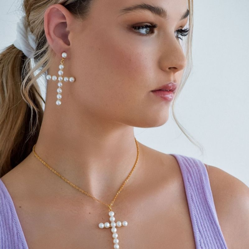 Venus Freshwater Pearl Cross Earrings image