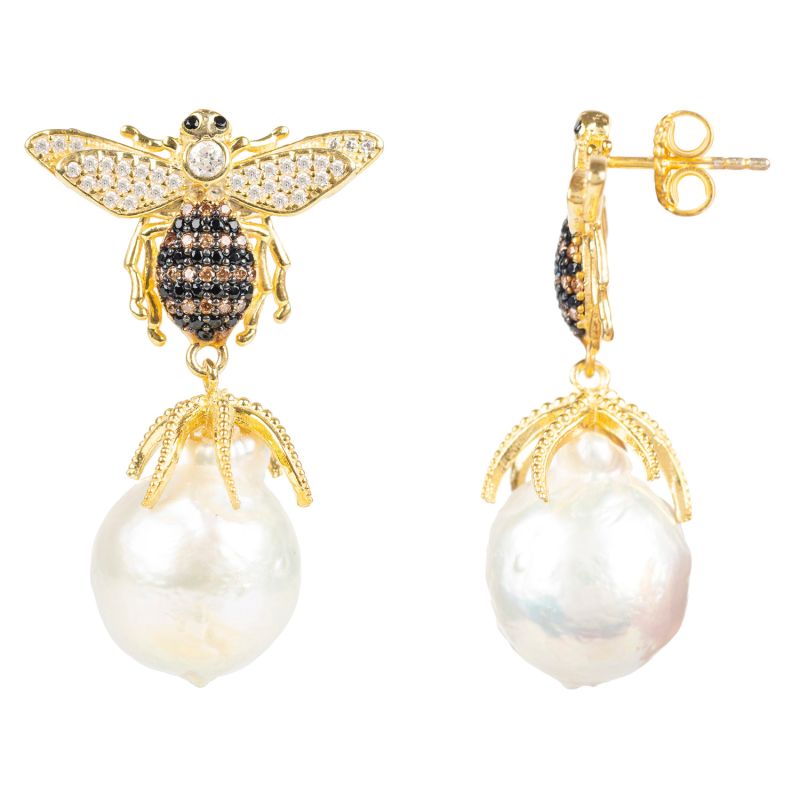 Baroque Pearl Honey Bee Drop Earrings Gold image