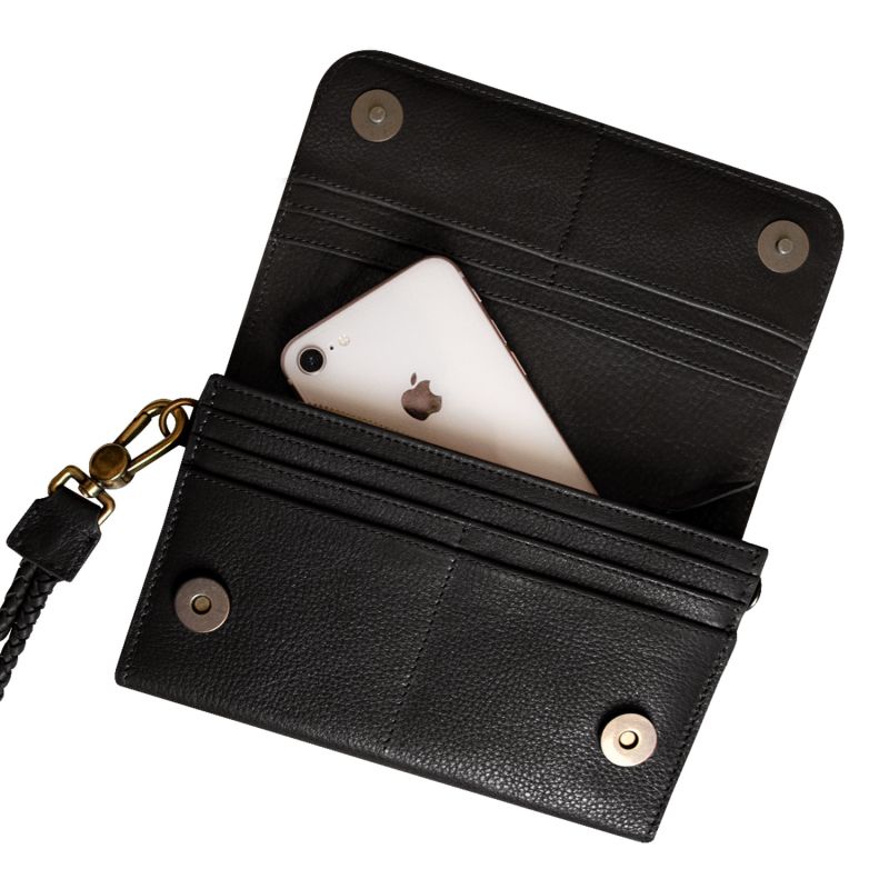 Grain Leather Black Wristlet Wallet With Phone Compartment And Zip Closure image