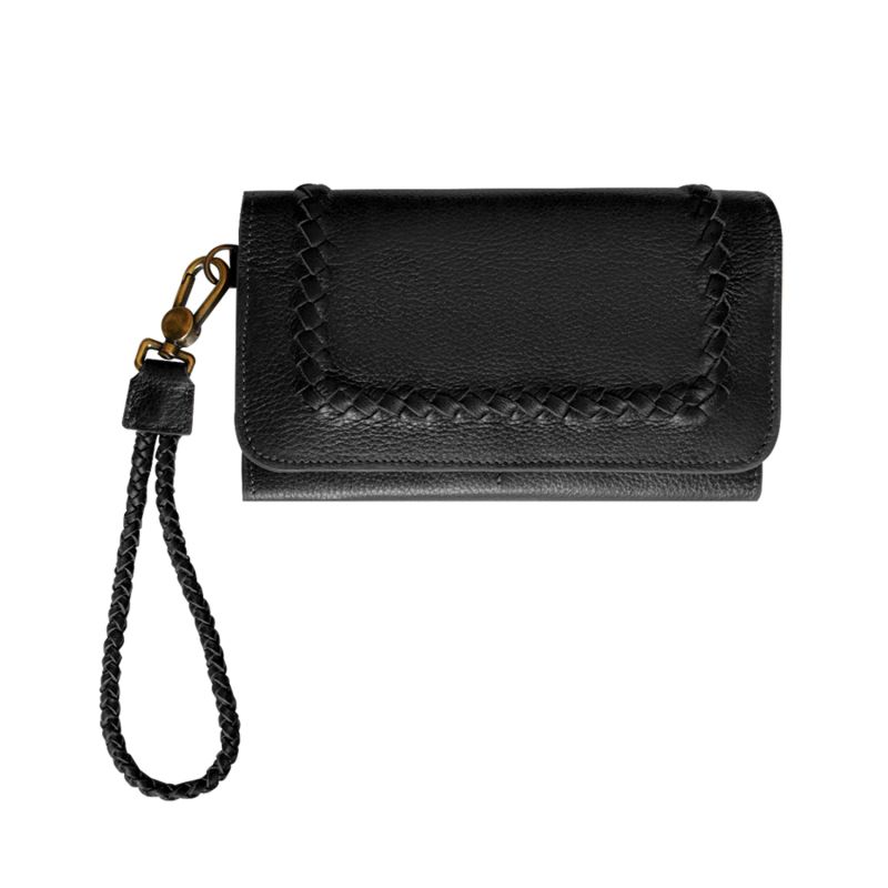 Grain Leather Black Wristlet Wallet With Phone Compartment And Zip Closure image