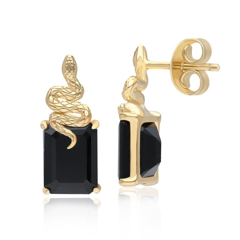 Black Onyx Snake Stud Earrings In Gold Plated Sterling Silver image