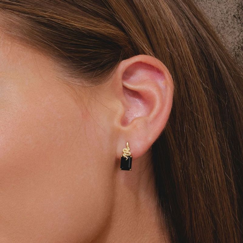 Black Onyx Snake Stud Earrings In Gold Plated Sterling Silver image