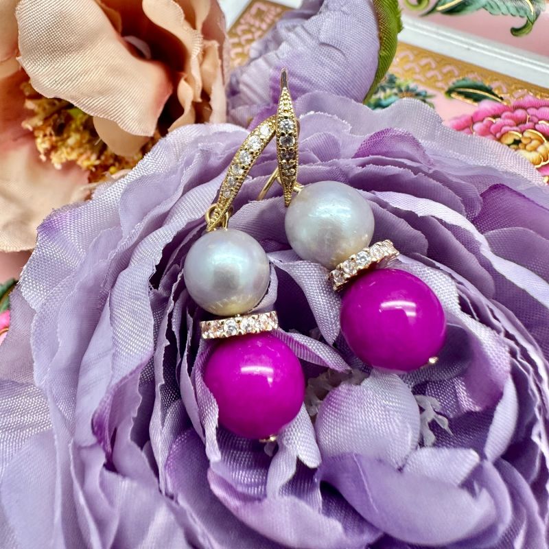 Gray Freshwater Pearls With Magenta Gemstone Earrings image