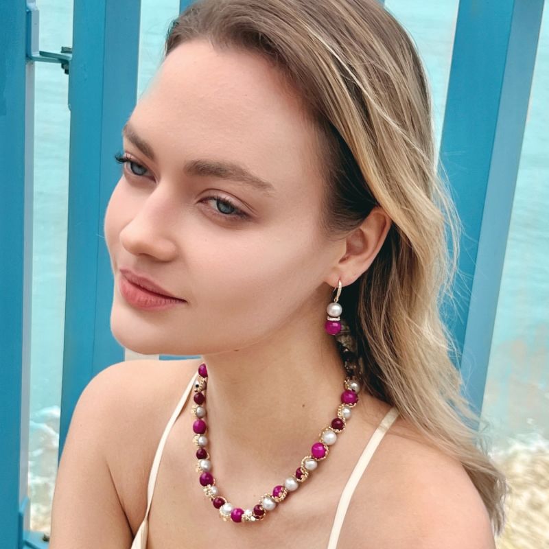 Gray Freshwater Pearls With Magenta Gemstone Earrings image