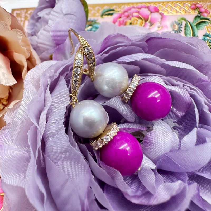 Gray Freshwater Pearls With Magenta Gemstone Earrings image