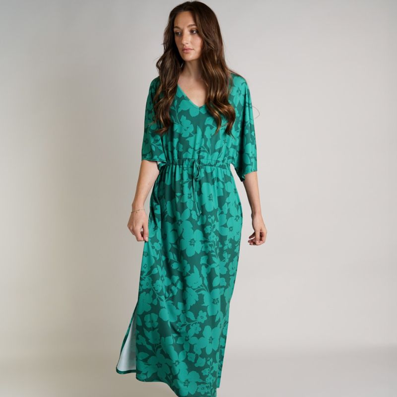 Green Floral Print Kaftan | Luna V Neck Elasticated Waist Soft Jersey Dress image