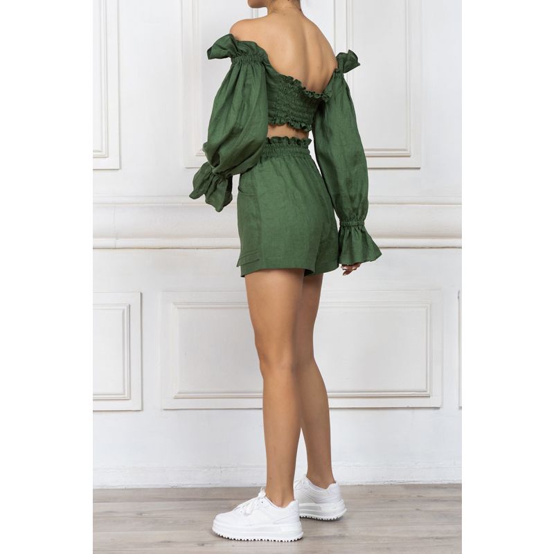 Green Short Linen Shorts With Pockets image