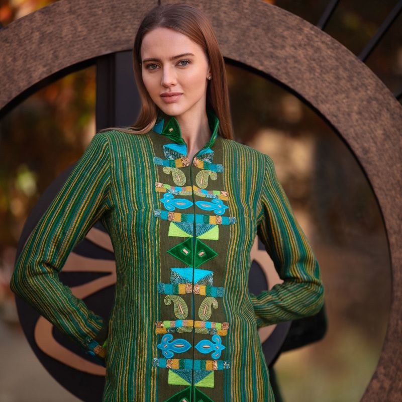 Green Stripes Cubic Paisley Shawl Wool Jacket image