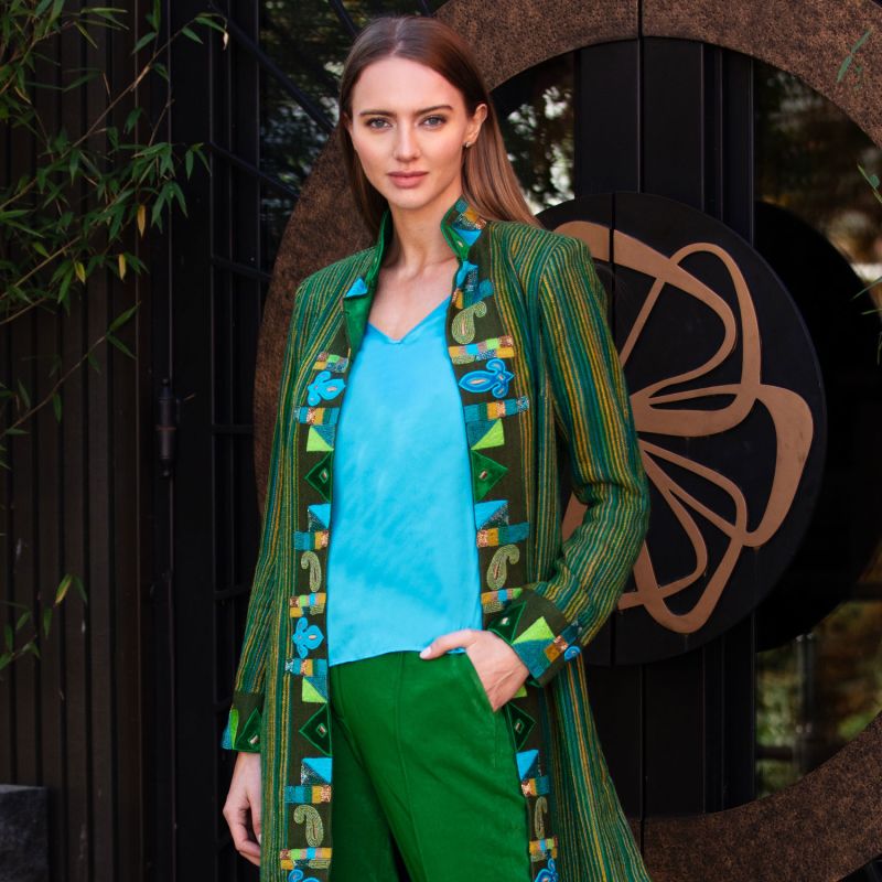 Green Stripes Cubic Paisley Shawl Wool Jacket image