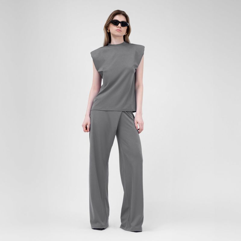 Grey Set With T-Shirt And Asymmetrical Wide Leg Trousers image
