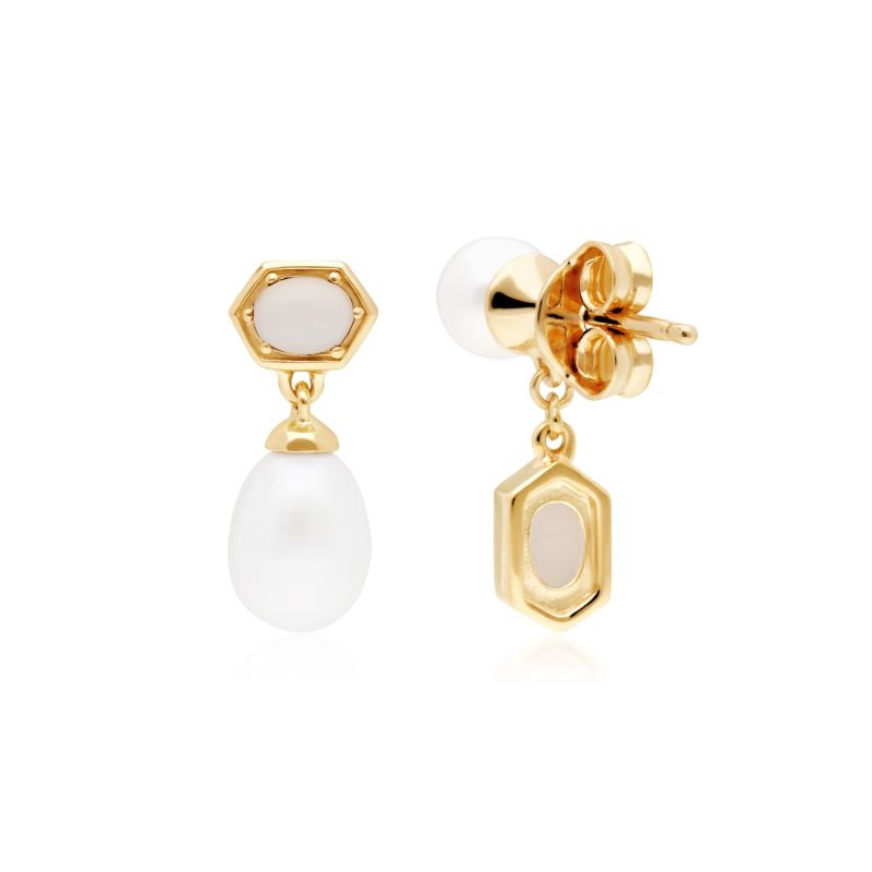 Mismatched Opal & Pearl Dangle Earrings In Yellow Gold Plated Silver image