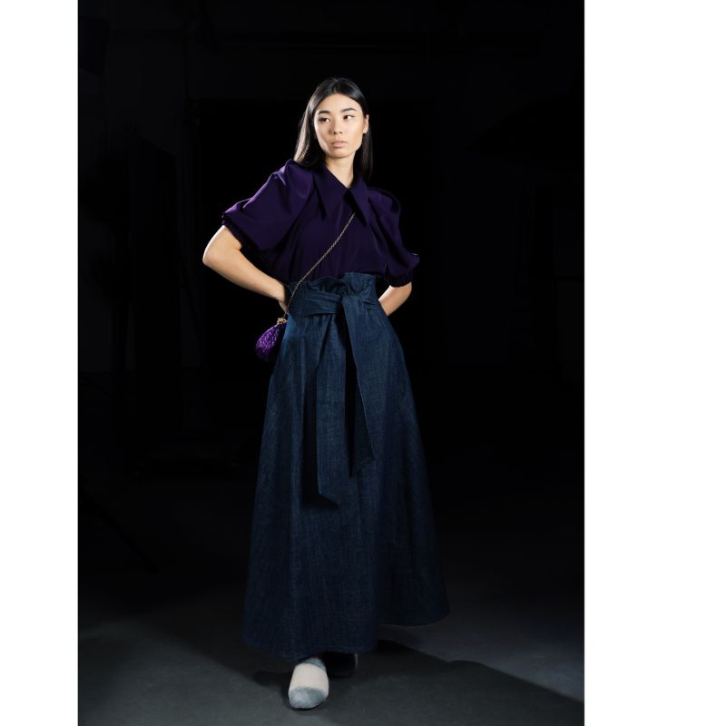 Dark Blue Denim Long Skirt With Belt image