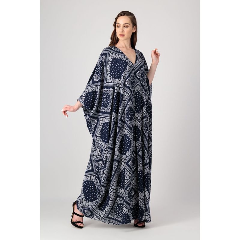 Mariposa Cut Kaftan With Center Fold In Navy Printed Paisley Rayon image