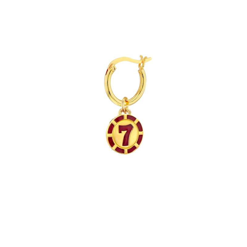 18Kt Gold Plated & Red Enamel 7 Poker Chip Charm On Gold Plated Hoop Earring image