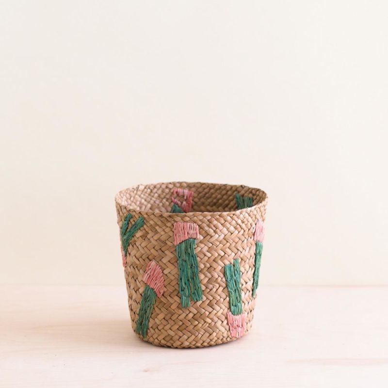 Cactus Embroidery Soft Natural Basket - Handmade Bins image