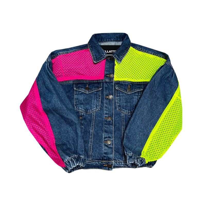 Navy Denim Jacket With Neon Pink & Yellow Nike Mesh image