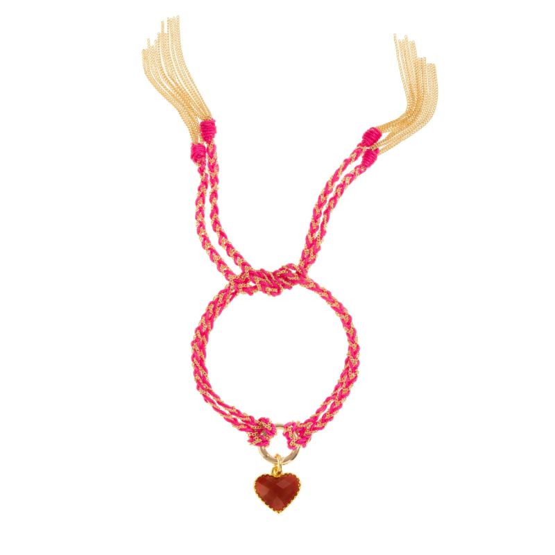 Fuchsia Silk And Gold Chain Red Quartz Heart Friendship Bracelet image