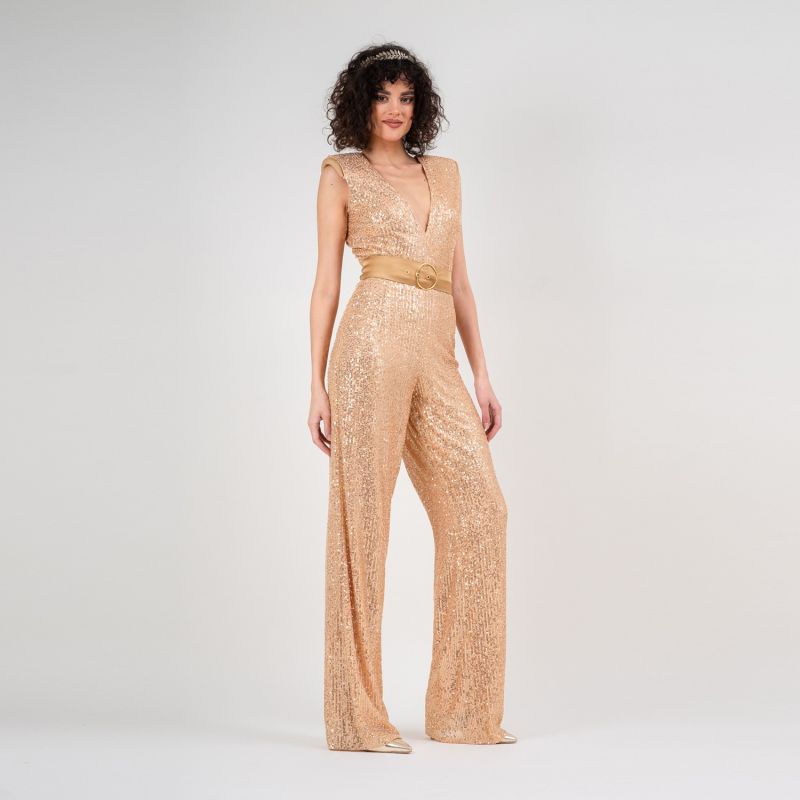 Sequin Gold Jumpsuit With Padded Shoulders image