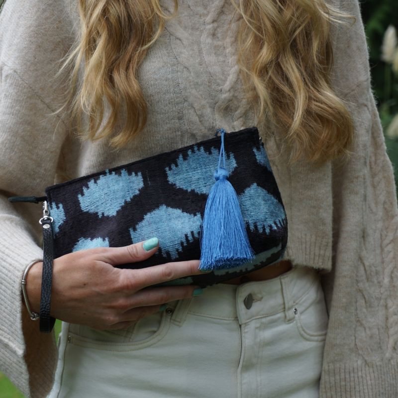 Velvet Ikat Wrist Bag - Blue Spot image