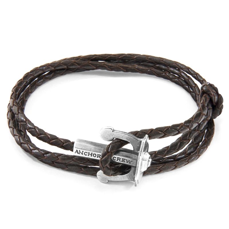 Dark Brown Union Anchor Silver & Braided Leather Bracelet image