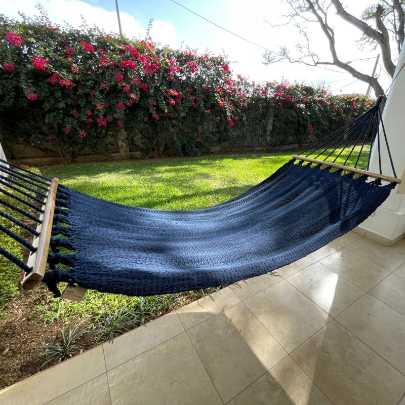 Navy Blue Cotton Hammock With Teak Wooden Bar image