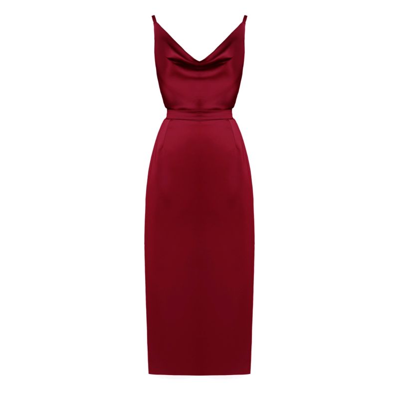 Kamea Red Satin Cocktail Midi Dress With Cowl Neck image