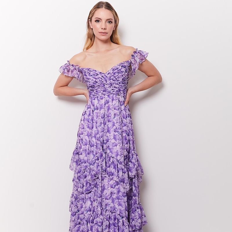 Laura Printed Chiffon Long Evening Dress In Purple image