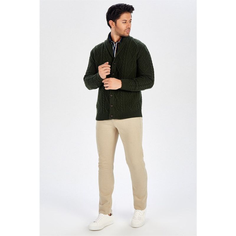 Shawl Collar Cashmere Blend Cable Knit Men's Cardigan - Dark Green image