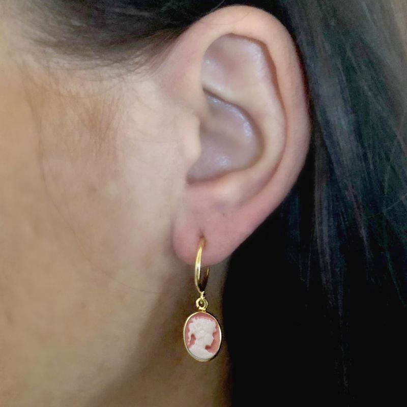 Gold-Plated Pink Mini Cameo Hoop Earrings image